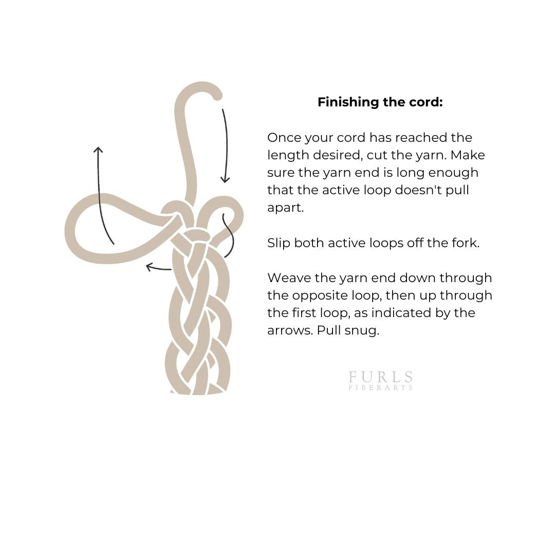 Illustration of a lucet cord and knot. Text "Finishing the cord: Once your cord has reached the length desired, cut the yarn. Make sure the yarn end is long enough that the active loop doesn't pull apart. Slip both active loops off the fork. Weave the yarn end down through the opposite loop, then up through the first loop, as indicated by the arrows. Pull snug."